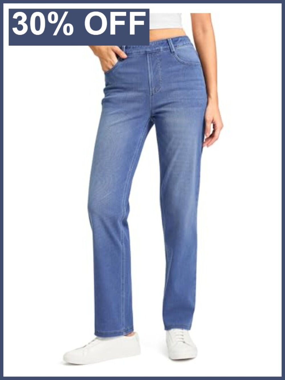 Stretchy Pull-On High Waisted Straight Leg Jeans with 5 Pockets